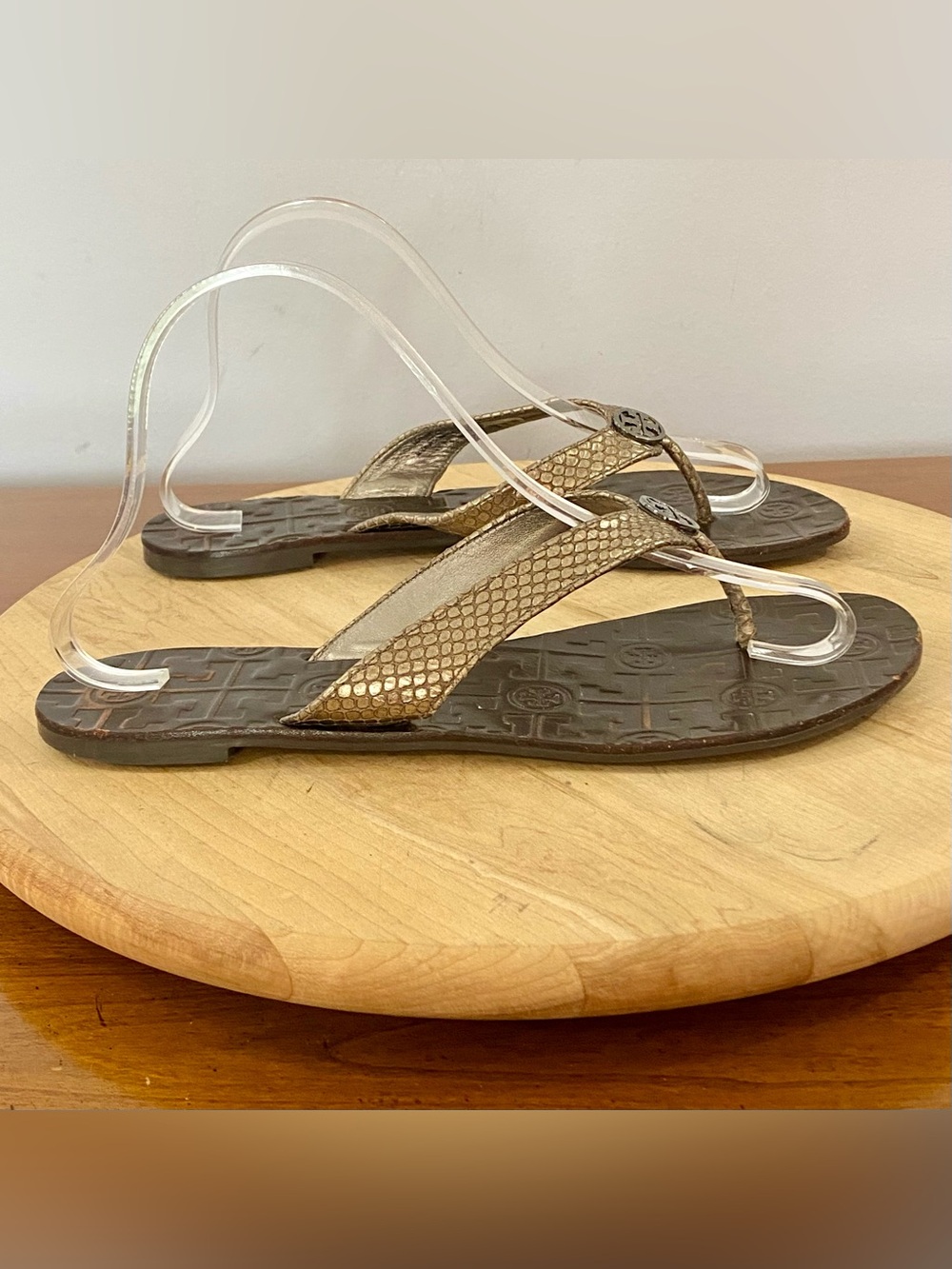 Tory Burch Thora Thong Flip Flop Sandals Snakeskin Brown Leather Metallic Sz 9 M